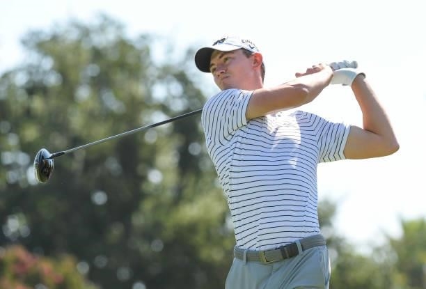 Maverick McNealy plays a tee shot on the first hole during the first round of the Fortinet Championship at Silverado Resort and Spa North on...