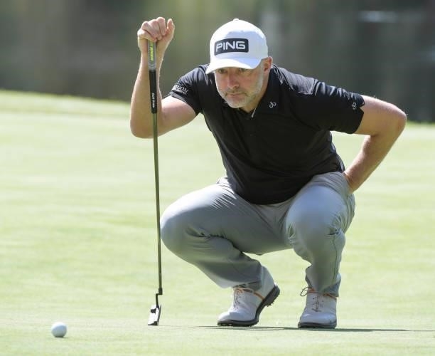 David Skinns of England studies his putt on the 11th green during the first round of the Fortinet Championship at Silverado Resort and Spa North on...