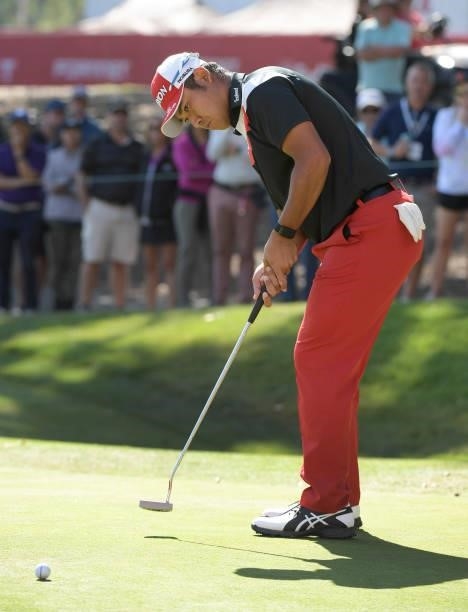 Hideki Matsuyama of Japan watches his putt on the 11th hole during the first round of the Fortinet Championship at Silverado Resort and Spa North on...