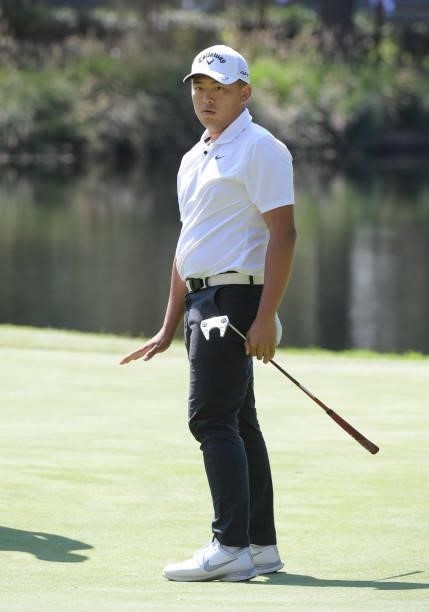 Kevin Yu reacts to his putt on the 11th green during the first round of the Fortinet Championship at Silverado Resort and Spa North on September 16,...