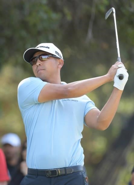 Kurt Kitayama plays his tee shot on the 12th hole during the first round of the Fortinet Championship at Silverado Resort and Spa North on September...