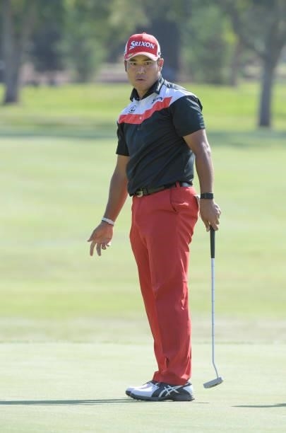 Hideki Matsuyama of Japan reacts to his putt on the 12th hole during the first round of the Fortinet Championship at Silverado Resort and Spa North...