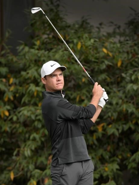 Kristoffer Ventura plays his tee shot on the eighth hole during the first round of the Fortinet Championship at Silverado Resort and Spa North on...