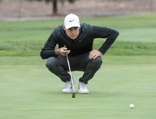 Kristoffer Ventura studies his putt on the seventh hole during the first round of the Fortinet Championship at Silverado Resort and Spa North on...