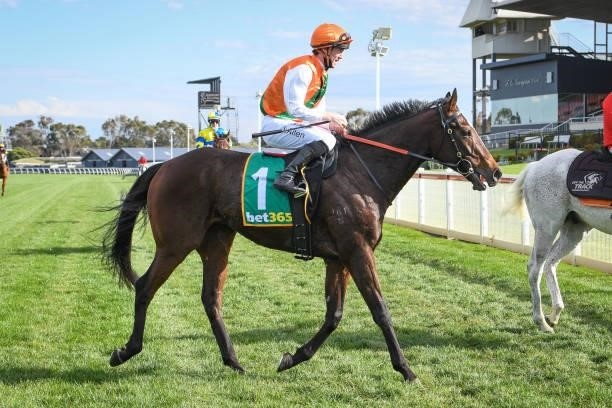 John Allen returns to the mounting yard on National Guard after winning the Newcomb Sand and Soil BM64 Handicap, at Geelong Racecourse on September...