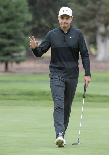 Kristoffer Ventura acknowledges the gallery on the seventh hole during the first round of the Fortinet Championship at Silverado Resort and Spa North...