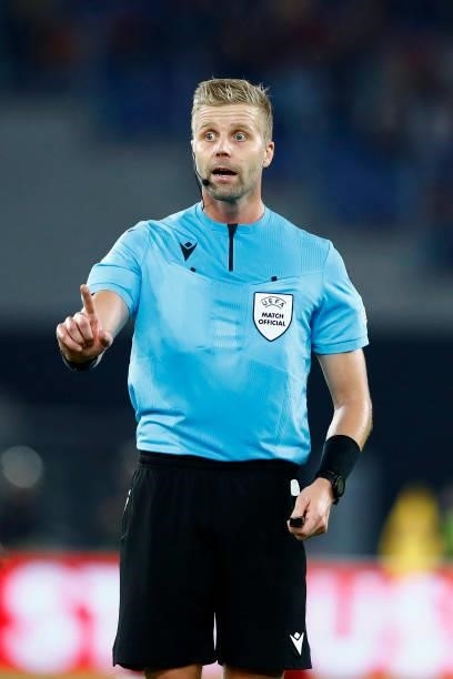 Referee Glenn Nyberg gestures during the UEFA Europa Conference League group C match between AS Roma and CSKA Sofia at Stadio Olimpico on September...