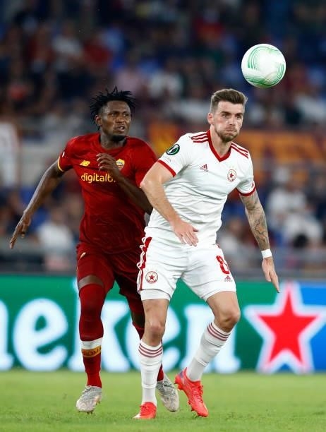 Amadou Diawara of AS Roma and Graham Carey of CSKA Sofia battle for the ball during the UEFA Europa Conference League group C match between AS Roma...