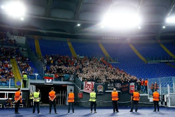 Stewards stand in front of the Cska Sofia supporters during the UEFA Europa Conference League group C match between AS Roma and CSKA Sofia at Stadio...