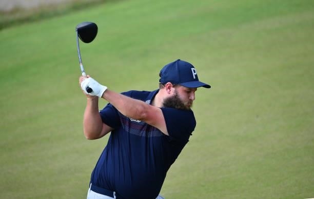 Andrew Johnston of England plays his tee shot to the 1st hole during Day Two of the Dutch Open at Bernardus Golf on September 17, 2021 in Cromvoirt,...
