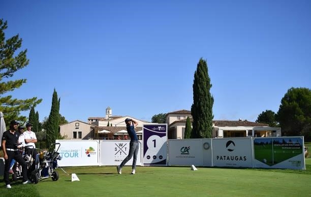 Alexandre Petit of France plays his tee shot on the 1st hole during Day Two of the Hopps Open de Provence at Golf International de Pont Royal on...