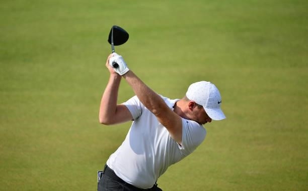 Sam Horsfield of England plays his tee shot to the 1st hole during Day Two of the Dutch Open at Bernardus Golf on September 17, 2021 in Cromvoirt,...