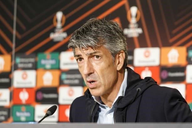 Head coach Imanol Alguacil of Real Sociedad San Sebastian looks on during the press conference after the UEFA Europa League group B match between PSV...