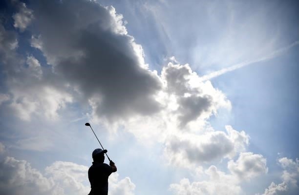 Lars van Meijel of Netherlands plays his tee shot to the 1st hole during Day Two of the Dutch Open at Bernardus Golf on September 17, 2021 in...