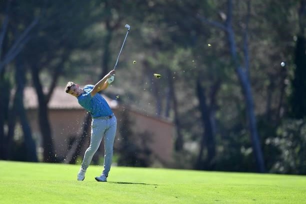 Todd Clements of England plays his tee shot on the 18th hole during Day Two of the Hopps Open de Provence at Golf International de Pont Royal on...