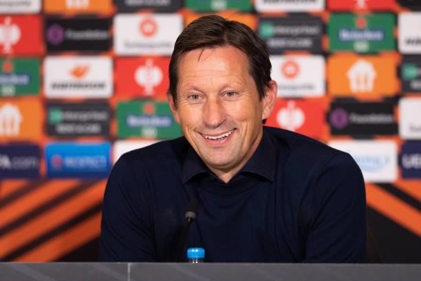 Head coach Roger Schmidt of PSV Eindhoven laughs during the press conference after the UEFA Europa League group B match between PSV Eindhoven and...
