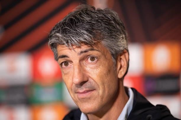 Head coach Imanol Alguacil of Real Sociedad San Sebastian looks on during the press conference after the UEFA Europa League group B match between PSV...