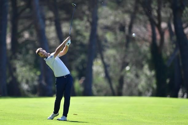 Christopher Mivis of Belgium plays his tee shot on the 18th hole during Day Two of the Hopps Open de Provence at Golf International de Pont Royal on...