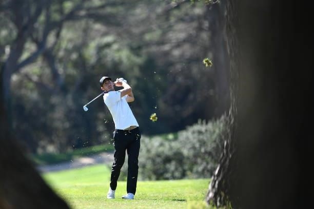 Ugo Coussaud of France plays his tee shot on the 17th hole during Day Two of the Hopps Open de Provence at Golf International de Pont Royal on...