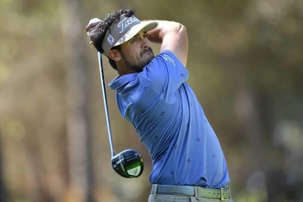Samuel del Val of Spain plays his tee shot on the 18th hole during Day Two of the Hopps Open de Provence at Golf International de Pont Royal on...