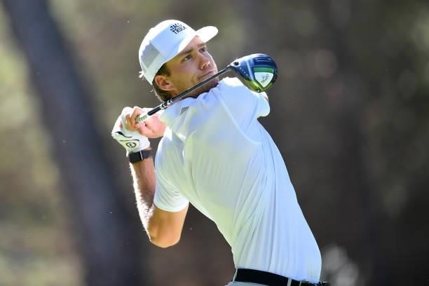 Mikael Lindberg of Sweden plays his tee shot on the 18th hole during Day Two of the Hopps Open de Provence at Golf International de Pont Royal on...