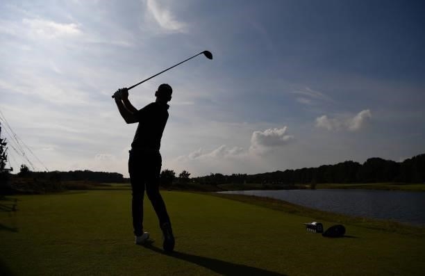 Rowin Caron of Netherlands plays his tee shot at the 8th hole during Day Two of the Dutch Open at Bernardus Golf on September 17, 2021 in Cromvoirt,...