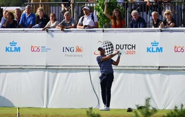 Julien Guerrier of France plays his tee shot at the 8th hole during Day Two of the Dutch Open at Bernardus Golf on September 17, 2021 in Cromvoirt,...