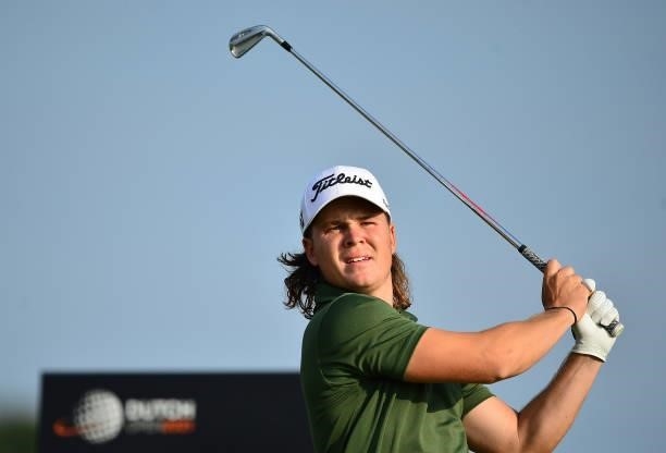 Jake McLeod of Australia plays his tee shot at the 6th hole during Day Two of the Dutch Open at Bernardus Golf on September 17, 2021 in Cromvoirt,...