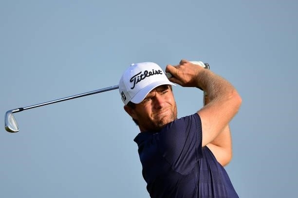 Lucas Bjerregaard of Denmark plays his tee shot at the 6th hole during Day Two of the Dutch Open at Bernardus Golf on September 17, 2021 in...