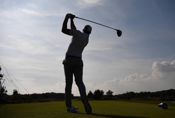 Rhys Enoch of Wales plays his tee shot at the 4th hole during Day Two of the Dutch Open at Bernardus Golf on September 17, 2021 in Cromvoirt,...