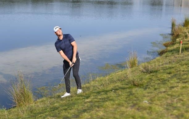 Lucas Bjerregaard of Denmark plays his third shot at the 6th hole during Day Two of the Dutch Open at Bernardus Golf on September 17, 2021 in...