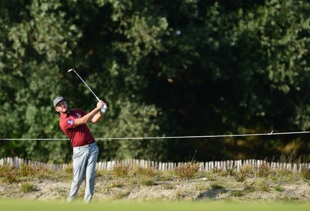 Damien Perrier of France plays his third shot at the 7th hole during Day Two of the Dutch Open at Bernardus Golf on September 17, 2021 in Cromvoirt,...