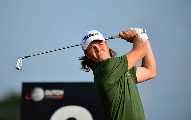 Jake McLeod of Australia plays his tee shot at the 6th hole during Day Two of the Dutch Open at Bernardus Golf on September 17, 2021 in Cromvoirt,...