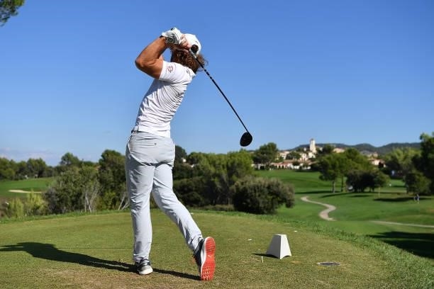 Clement Berardo of France plays his tee shot on the 7th hole during Day Two of the Hopps Open de Provence at Golf International de Pont Royal on...
