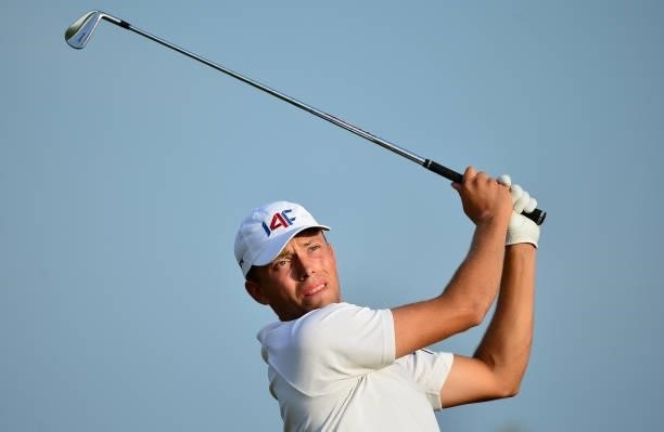 Koen Kouwenaar of Netherlands plays his tee shot at the 6th hole during Day Two of the Dutch Open at Bernardus Golf on September 17, 2021 in...