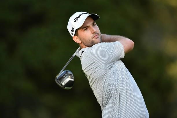 Bradley Neil of Scotland plays his tee shot on the 16th hole during Day Two of the Hopps Open de Provence at Golf International de Pont Royal on...