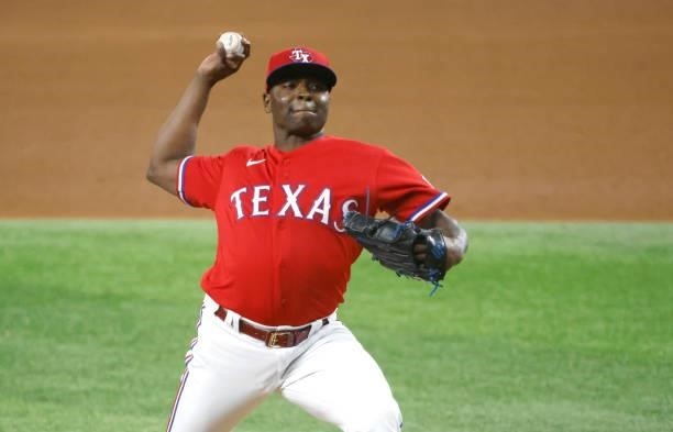 Jharel Cotton of the Texas Rangers pitches against the Chicago White Sox during the fourth inning at Globe Life Field on September 17, 2021 in...