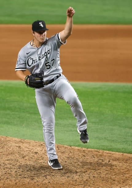Jace Fry of the Chicago White Sox follows through on a pitch against the Texas Rangers during the ninth inning at Globe Life Field on September 17,...