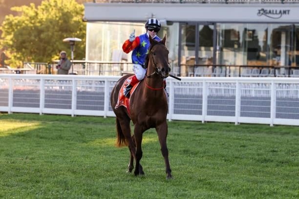 Bella Nipotina ridden by Craig Williams returns to the mounting yard after winning the Neds How Now Stakes at Caulfield Racecourse on September 18,...