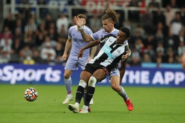Newcastle United's Joe Willock in action with Leeds United's Kalvin Phillips during the Premier League match between Newcastle United and Leeds...