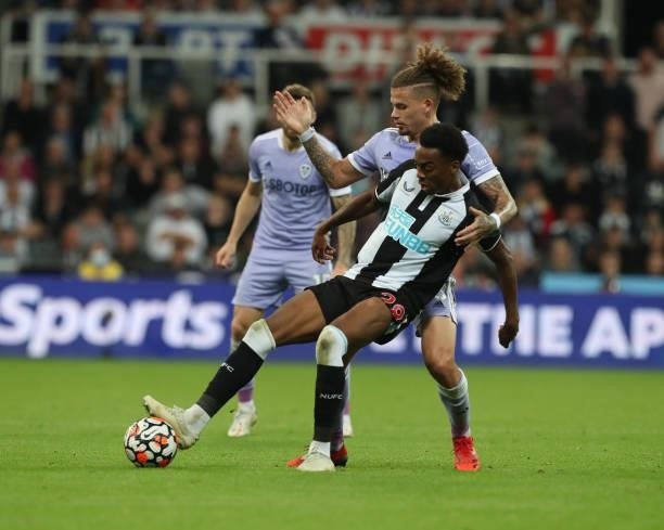 Newcastle United's Joe Willock in action with Leeds United's Kalvin Phillips during the Premier League match between Newcastle United and Leeds...