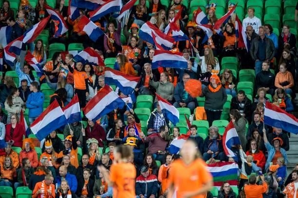 Orange supporters during the World Cup qualifier match between the Netherlands and the Czech Republic at the Euroborg Stadium on September 17, 2021...