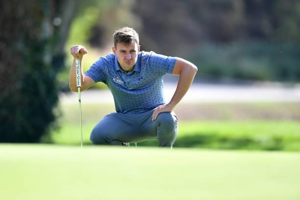 Christian Braeunig of Germany lines up a putt on the 4th hole during Day Three of the Hopps Open de Provence at Golf International de Pont Royal on...