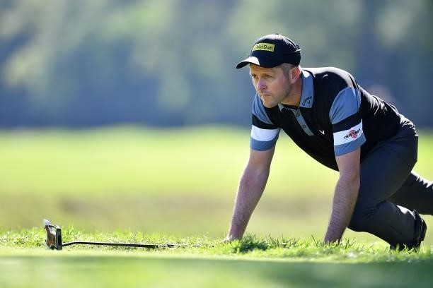 Stuart Manley of Wales lines up a putt on the 4th hole during Day Three of the Hopps Open de Provence at Golf International de Pont Royal on...