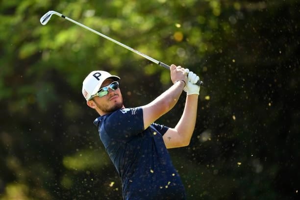 Ewen Ferguson of Scotland plays his tee shot on the 5th hole during Day Three of the Hopps Open de Provence at Golf International de Pont Royal on...