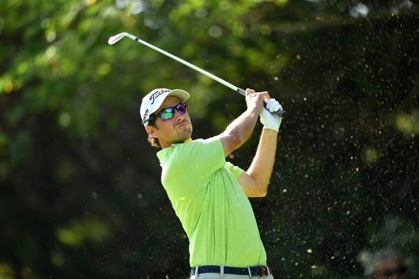 Jordi Garcia of Spain plays his tee shot on the 5th hole during Day Three of the Hopps Open de Provence at Golf International de Pont Royal on...