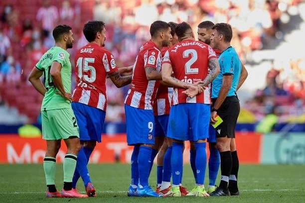 Joao Felix of Atletico Madrid is shown a red card by the referee Gil Manzano during the La Liga Santander match between Club Atletico de Madrid and...