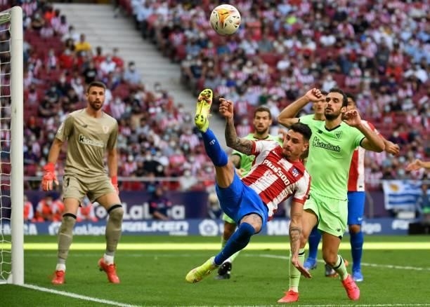 Atletico Madrid's Uruguayan defender Jose Gimenez kicks the ball during the Spanish League football match between Club Atletico de Madrid and...