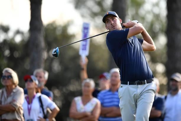 Ugo Coussaud of France plays his tee shot on the 17th hole during Day Three of the Hopps Open de Provence at Golf International de Pont Royal on...
