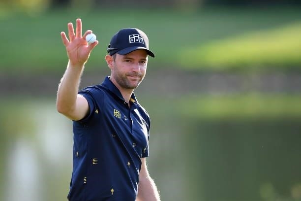 Marcel Schneider of Germany salutes at the 18th hole during Day Three of the Hopps Open de Provence at Golf International de Pont Royal on September...